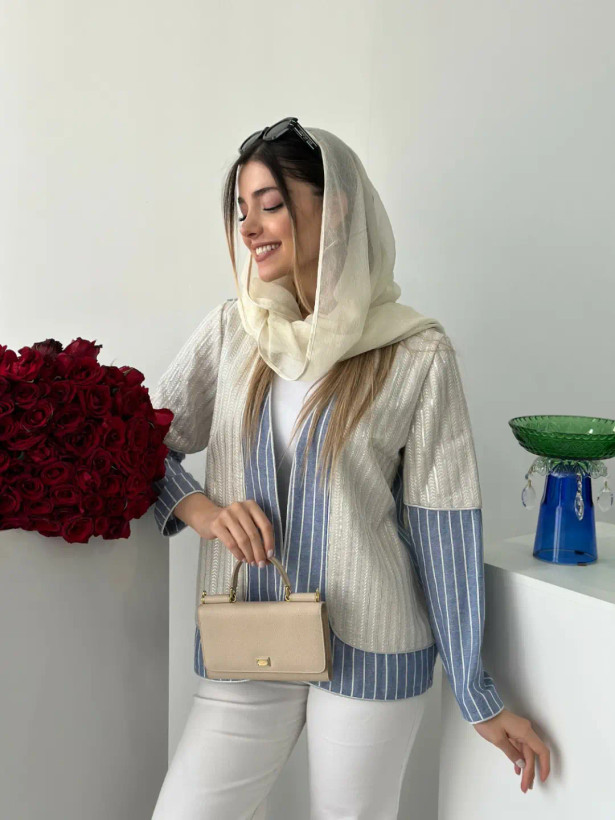 کت زنانه راهراه لینن و پولکی ترکیبی آستین بلند مغزی دوزی شده
