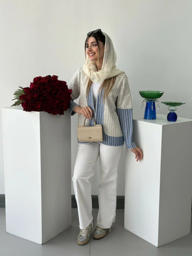 کت زنانه راهراه لینن و پولکی ترکیبی آستین بلند مغزی دوزی شده